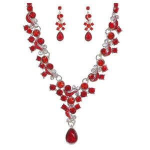 Sparkling Red Crystal Necklace and Earring Set with teardrop crystal pendant New